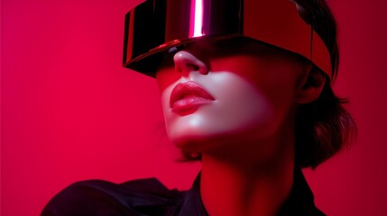 Model showcases futuristic fashion with reflective visor in vibrant red lighting during a stylish photoshoot