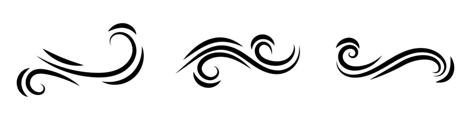 Wind air line effect in doodle style. Hand drawn swirl speed waves, air flow, stormy winds and curve smoke. Set of motion of hurricanes, autumn gusts, and summer breezes, vector illustration.