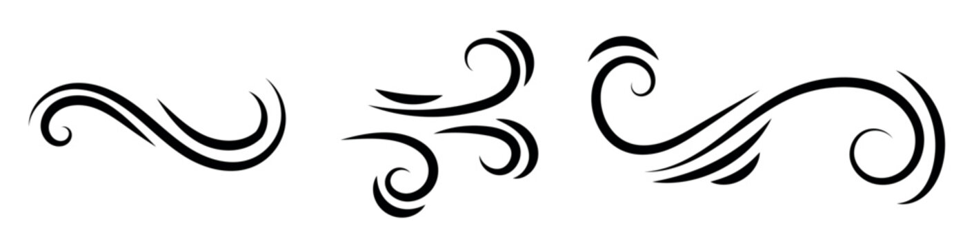 Wind air line effect in doodle style. Hand drawn swirl speed waves, air flow, stormy winds and curve smoke. Set of motion of hurricanes, autumn gusts, and summer breezes, vector illustration.