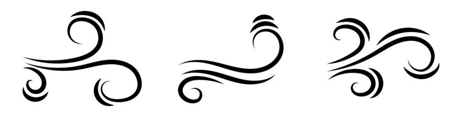 Wind air line effect in doodle style. Hand drawn swirl speed waves, air flow, stormy winds and curve smoke. Set of motion of hurricanes, autumn gusts, and summer breezes, vector illustration.