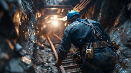 Miner Climbing Ladder in Underground Tunnel Shaft