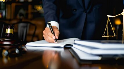 Lawyer writing legal documents at desk - Powered by Adobe