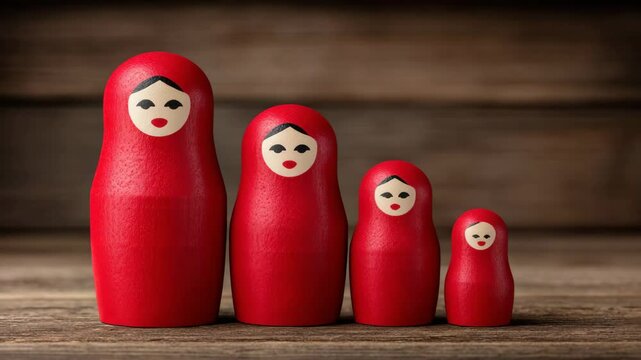 Matryoshka Dolls: A set of vibrant, red matryoshka dolls, lined up against a rustic wooden backdrop, with charming faces evoking a sense of tradition and craftsmanship.