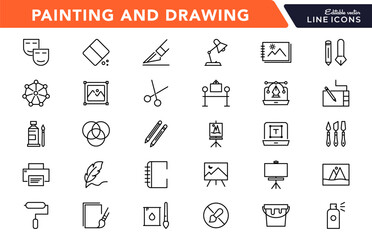 Painting and drawing linear icon set. Brush, graphic design, Spray, color palette, paint bucket, creativity, art work, paintbrush, repair, artist outline icon collection. UI thin vector icon