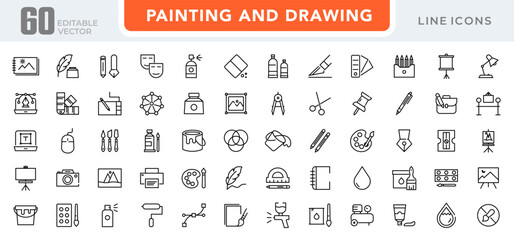 Painting and drawing linear icon set. Brush, graphic design, Spray, color palette, paint bucket, creativity, art work, paintbrush, repair, artist outline icon collection. UI thin vector icon