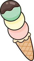 3 scoops of lemon curd ice cream cone topped with chocolate sauce, vanilla and strawberry