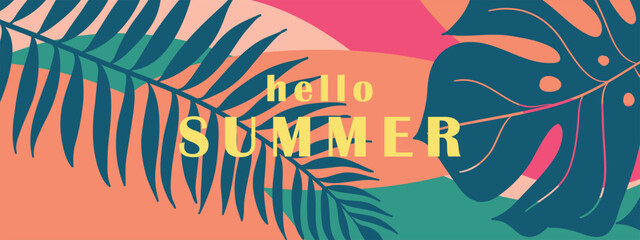 Hello Summer Graphic with Tropical Leaves and Colorful Background