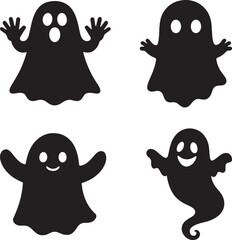 Cartoon ghost floating set with happy spooky faces in flat black silhouette vector illustration bundle

