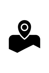 Black map pin over an abstract land shape