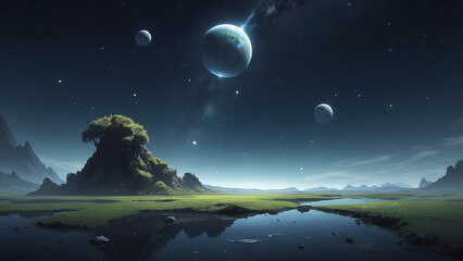 Green Alien Terrain With Planets in Distant Night Sky.
A lush alien terrain under a starlit sky with glowing planets above, creating a dreamlike sci-fi scene of untouched beauty.

