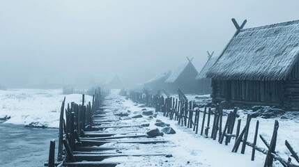 A snow-covered, misty village of rustic wooden houses with thatched roofs, lined along a path by a fence and river, disappearing into the fog
