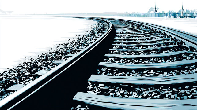 白黒で描かれたカーブする鉄道線路のアート