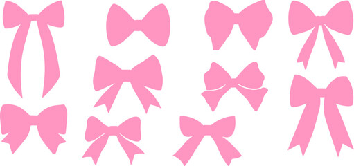 Set of pink flirty vintage satin bows.Y2k aesthetic ribbon, elegant accessory, pastel tie isolated on white background.