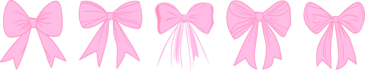 Set of pink flirty vintage satin bows.Y2k aesthetic ribbon, elegant accessory, pastel tie isolated on white background.