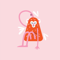 Cartoon monkeys set in various active poses. Flat vector illustration isolated on pink background in playful geometric style. Wellness and fitness activity concept. Wildlife animals concept