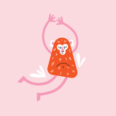 Cartoon monkeys set in various active poses. Flat vector illustration isolated on pink background in playful geometric style. Wellness and fitness activity concept. Wildlife animals concept
