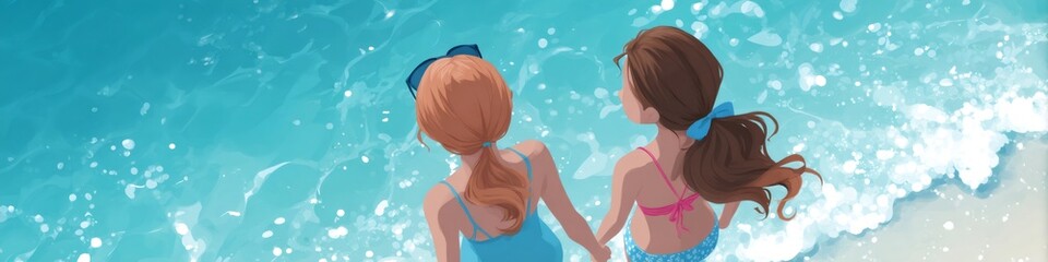 Two girls holding hands entering ocean on summer vacation