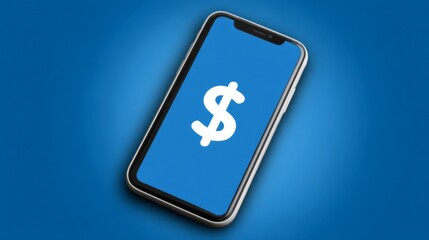 Obraz premium Smartphone showing dollar sign on blue background, mobile payment and online banking concept