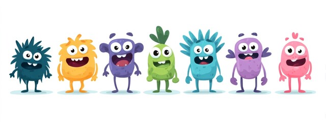 Fototapeta premium Seven funny colorful cartoon monsters smiling and having fun