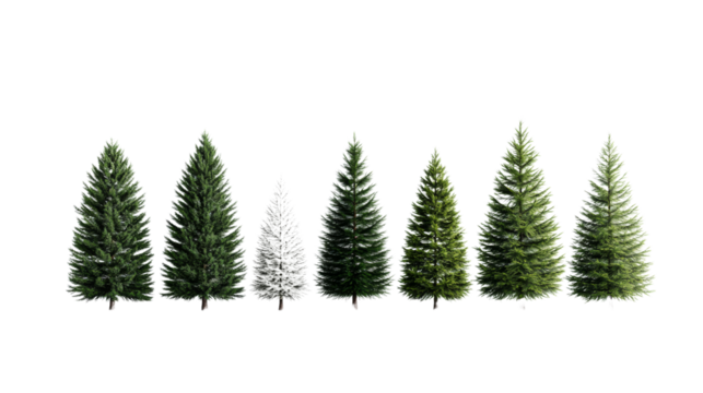 Eight Evergreen Trees Composition, Isolated on Transparent Background, 3D Render, Christmas Trees, Christmas, Evergreen, Winter