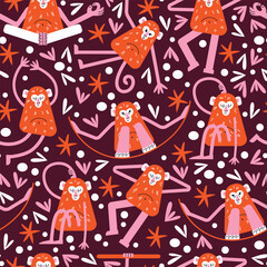 Cartoon monkeys seamless pattern in various yoga poses. Flat vector illustration isolated on dark background in playful geometric style. Wellness and fitness activity concept. Wildlife animals concept