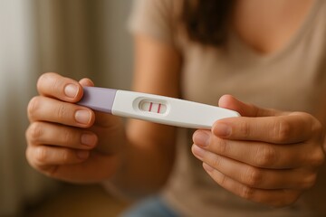 Positive pregnancy test held in female hands, indicating two clear pink lines. Expecting motherhood. Positive home pregnancy test with two lines. Pregnancy. Motherhood. Maternity. Baby announcement.