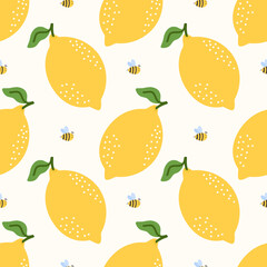 Seamless lemon pattern with kawaii citrus fruits and flowers. Bright and cheerful background for summer textiles