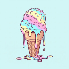Two scoops of pastel-colored ice cream sit atop a waffle cone.
