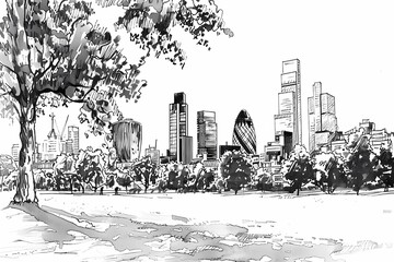 Black and white ink drawing of London skyline with modern skyscrapers and a large city park with trees