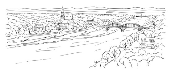 old town and river landscape outline drawing