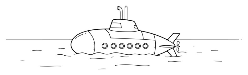 submarine on sea surface black vector outline in child style