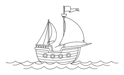 cartoon sailing ship on calm water black vector outline in child style