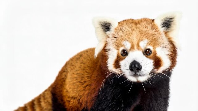 Portrait of a curious red panda looking directly at the viewer with a white backdrop, showing its orange fur and furry tail