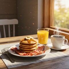 Delicious pancakes with bacon and orange juice breakfast