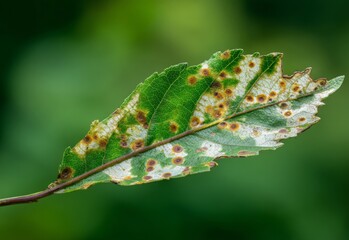 Decaying autumn leaf with fungal infection spots and spores, isolated on solid color. Nature cycle, decomposition process, organic matter breakdown, seasonal change concept.	