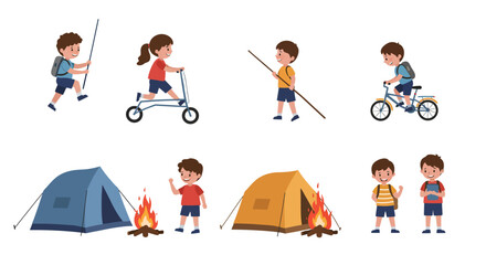 Cartoon Children Camping Riding Bike Scooter and Playing with Sticks