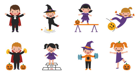 Cartoon Children Dressed in Halloween Costumes Playing Games