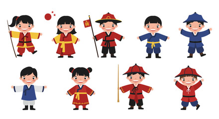 Cartoon Children Wearing Traditional Asian Clothing and Hats
