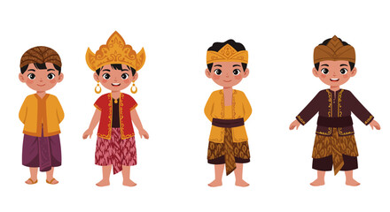Four Cartoon Boys in Traditional Indonesian Clothing