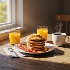 Delicious pancakes with bacon and orange juice