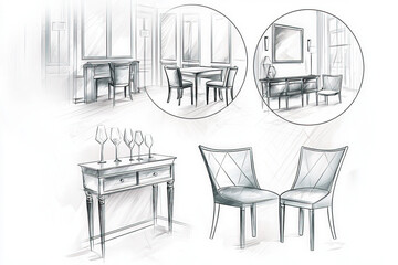 Furniture sketch: An artistic representation of various furniture pieces, highlighting design and style