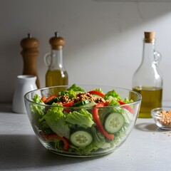 Fresh green salad with walnuts cucumbers and bell peppers