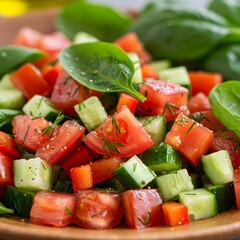 Fresh tomato cucumber salad with dill and spinach