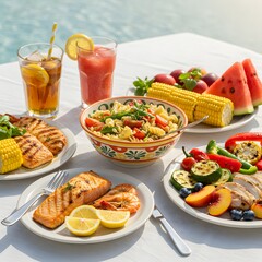 Summer poolside bbq feast with grilled salmon and pasta salad