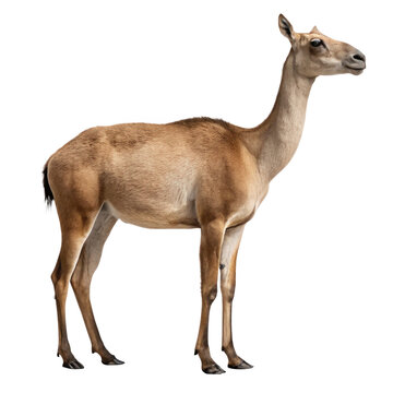 Macrauchenia, an extinct genus of litoptern south american ungulate mammal, standing in profile, isolated on transparent background, showcasing its unique camel like neck and sturdy build
