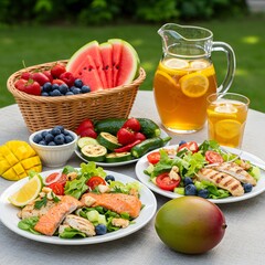 Healthy summer salad with grilled salmon and chicken
