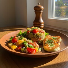 Healthy quinoa salad with grilled halloumi and vegetables