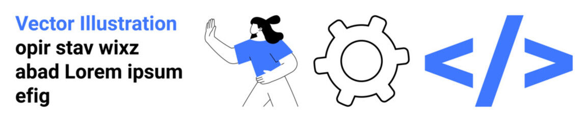 Person gesturing toward a gear icon and code brackets. Ideal for coding, software, teamwork, innovation, process development, collaboration, simple landing page