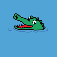 vector illustration of a green crocodile emerging from the water with only its head visible.