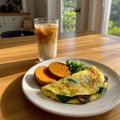 Healthy breakfast spinach mushroom omelette with sweet potato and iced latte